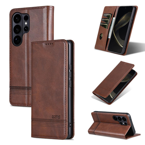 Samsung Galaxy S26 Ultra 5G AZNS Magnetic Calf Texture Flip Leather Phone Case - Dark Brown