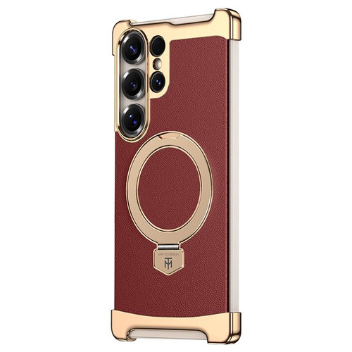 Samsung Galaxy S26 Ultra 5G Borderless MagSafe Ring Holder Plain Leather Phone Case - Red