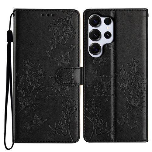 Samsung Galaxy S26 Ultra 5G Butterflies and Flowers Leather Phone Case - Black