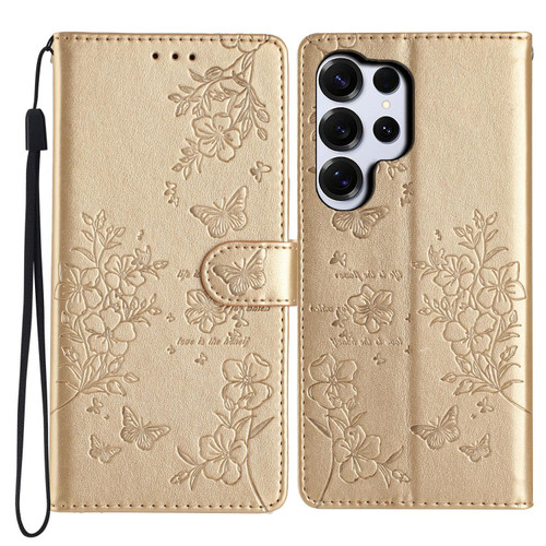 Samsung Galaxy S26 Ultra 5G Butterflies and Flowers Leather Phone Case - Gold