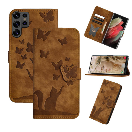 Samsung Galaxy S26 Ultra 5G Butterfly Cat Embossing Flip Leather Phone Case - Brown