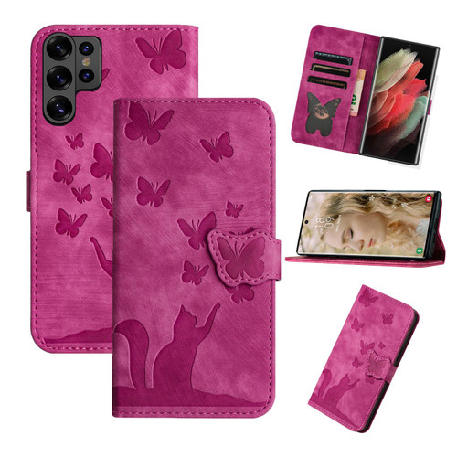 Samsung Galaxy S26 Ultra 5G Butterfly Cat Embossing Flip Leather Phone Case - Pink