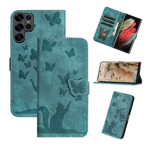 Samsung Galaxy S26 Ultra 5G Butterfly Cat Embossing Flip Leather Phone Case - Wathet