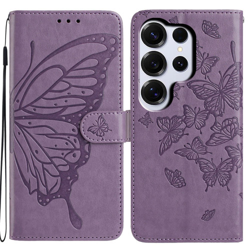Samsung Galaxy S26 Ultra 5G Butterfly Flutter Pattern Embossed Leather Phone Case - Purple