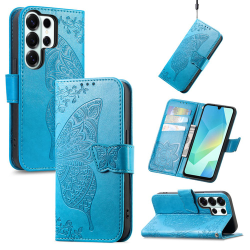 Samsung Galaxy S26 Ultra 5G Butterfly Love Flower Embossed Leather Phone Case - Blue