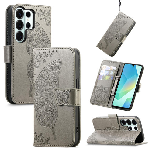 Samsung Galaxy S26 Ultra 5G Butterfly Love Flower Embossed Leather Phone Case - Gray