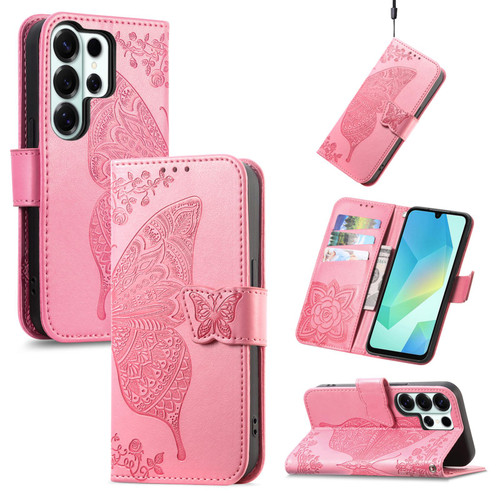 Samsung Galaxy S26 Ultra 5G Butterfly Love Flower Embossed Leather Phone Case - Pink