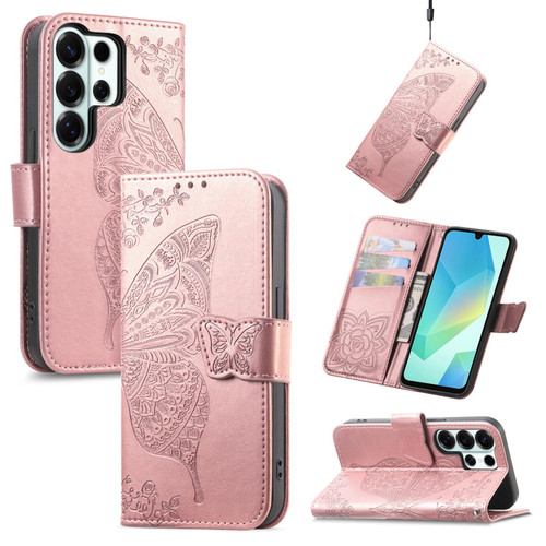 Samsung Galaxy S26 Ultra 5G Butterfly Love Flower Embossed Leather Phone Case - Rose Gold