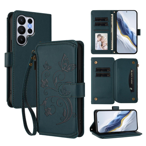 Samsung Galaxy S26 Ultra 5G Butterfly Love Flower Multi-card Zipper Wallet Leather Phone Case - Dark Green