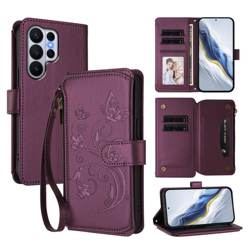 Samsung Galaxy S26 Ultra 5G Butterfly Love Flower Multi-card Zipper Wallet Leather Phone Case - Dark Purple