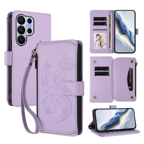 Samsung Galaxy S26 Ultra 5G Butterfly Love Flower Multi-card Zipper Wallet Leather Phone Case - Light Purple