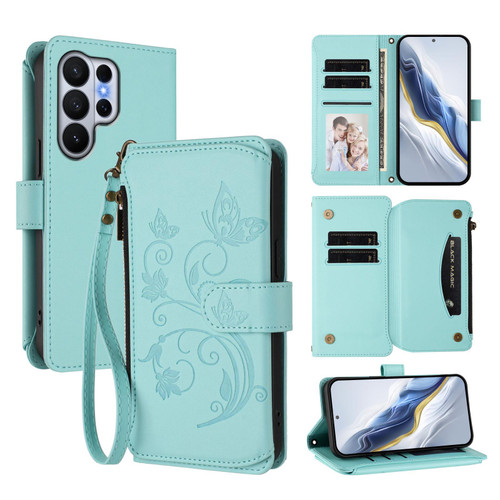 Samsung Galaxy S26 Ultra 5G Butterfly Love Flower Multi-card Zipper Wallet Leather Phone Case - Mint Green