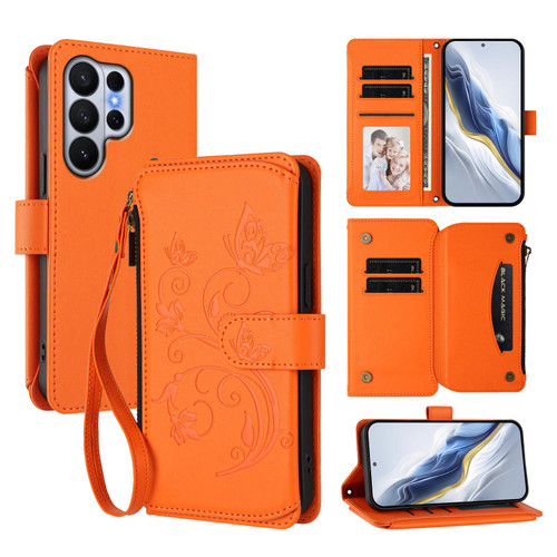 Samsung Galaxy S26 Ultra 5G Butterfly Love Flower Multi-card Zipper Wallet Leather Phone Case - Orange