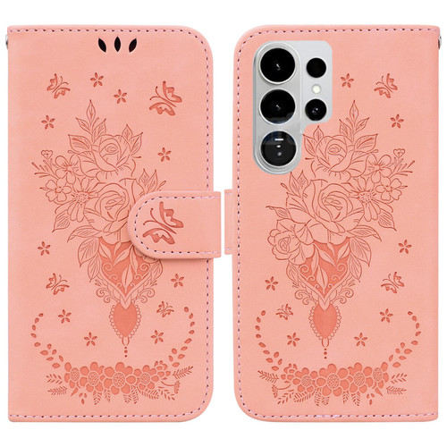 Samsung Galaxy S26 Ultra 5G Butterfly Rose Embossed Leather Phone Case - Pink