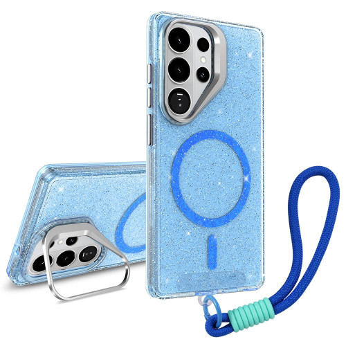 Samsung Galaxy S26 Ultra 5G Camera Bracket Glitter Magnetic Phone Case with Lanyard - Blue