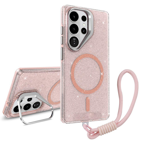 Samsung Galaxy S26 Ultra 5G Camera Bracket Glitter Magnetic Phone Case with Lanyard - Pink