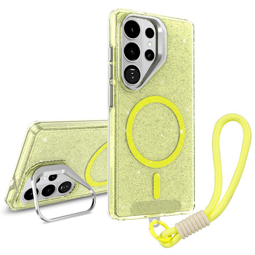 Samsung Galaxy S26 Ultra 5G Camera Bracket Glitter Magnetic Phone Case with Lanyard - Yellow