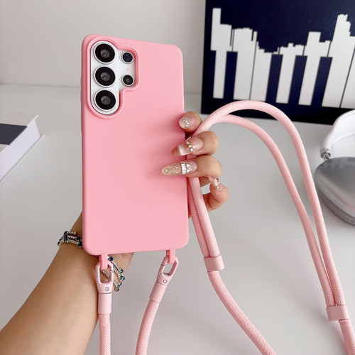 samsung Galaxy S26 Ultra 5G Candy Silicone Shockproof Phone Case with 7mm Crossbody Lanyard - Rose Red