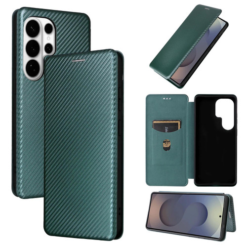 Samsung Galaxy S26 Ultra 5G Carbon Fiber Texture Flip Leather Phone Case - Green