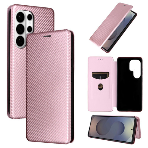 Samsung Galaxy S26 Ultra 5G Carbon Fiber Texture Flip Leather Phone Case - Pink