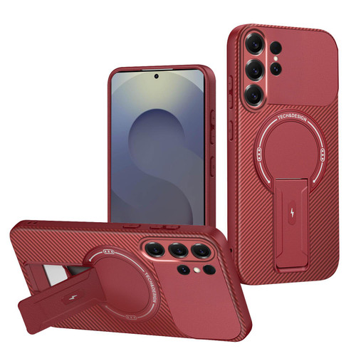 Samsung Galaxy S26 Ultra 5G Carbon Fiber Texture MagSafe Phone Case with Holder - Red