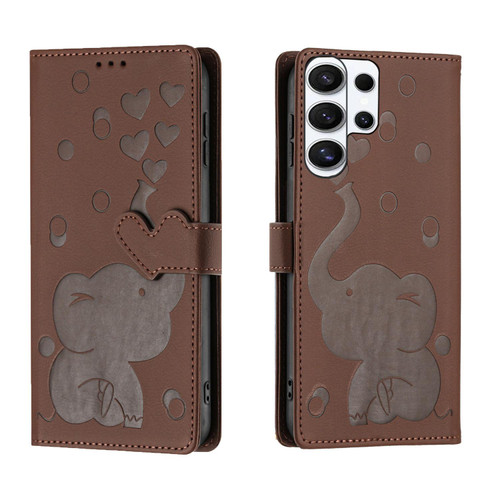 Samsung Galaxy S26 Ultra 5G Cartoon Elephant Embossed Leather Phone Case - Brown