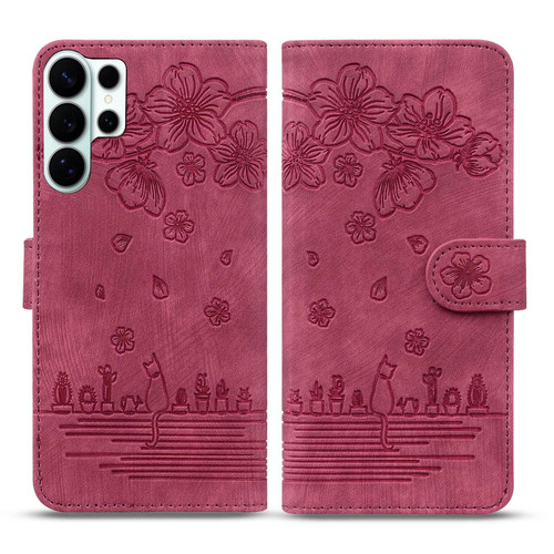 Samsung Galaxy S26 Ultra 5G Cartoon Sakura Cat Embossed Leather Phone Case - Wine Red