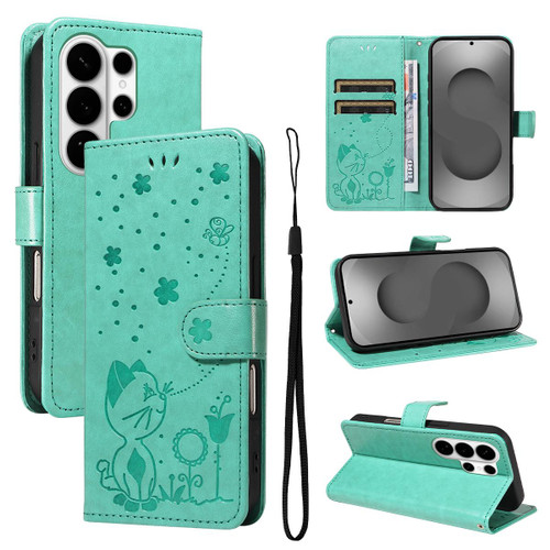 Samsung Galaxy S26 Ultra 5G Cat and Bee Embossed Flip Leather Phone Case - Green