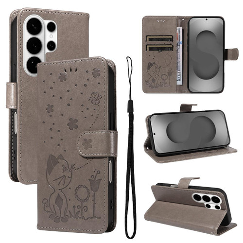 Samsung Galaxy S26 Ultra 5G Cat and Bee Embossed Flip Leather Phone Case - Grey