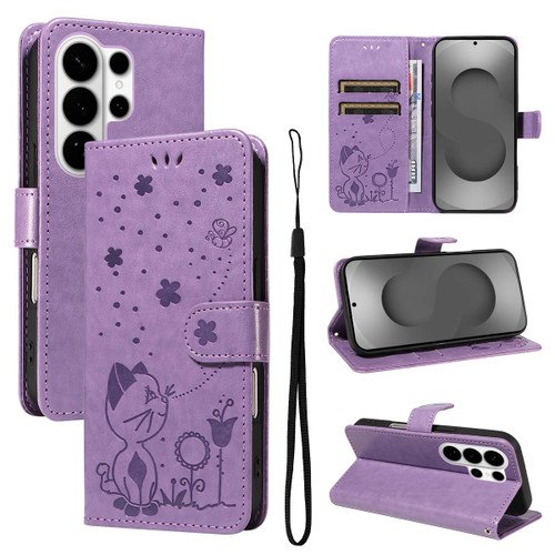 Samsung Galaxy S26 Ultra 5G Cat and Bee Embossed Flip Leather Phone Case - Purple