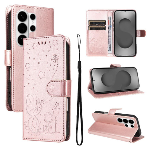 Samsung Galaxy S26 Ultra 5G Cat and Bee Embossed Flip Leather Phone Case - Rose Gold