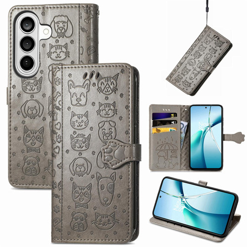Samsung Galaxy S26 Ultra 5G Cat and Dog Embossed Leather Phone Case - Gray