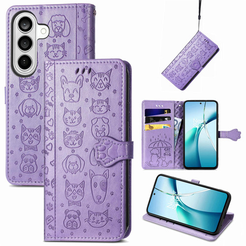 Samsung Galaxy S26 Ultra 5G Cat and Dog Embossed Leather Phone Case - Purple
