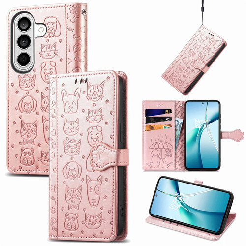 Samsung Galaxy S26 Ultra 5G Cat and Dog Embossed Leather Phone Case - Rose Gold