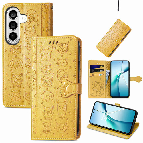 Samsung Galaxy S26 Ultra 5G Cat and Dog Embossed Leather Phone Case - Yellow