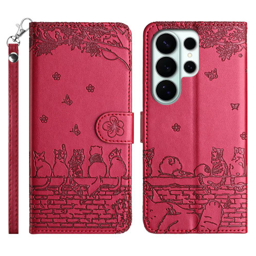 Samsung Galaxy S26 Ultra 5G Cat Embossing Pattern Leather Phone Case with Lanyard - Red