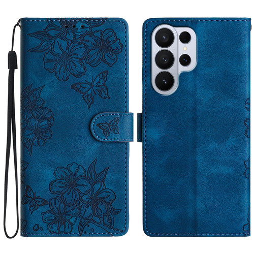Samsung Galaxy S26 Ultra 5G Cherry Blossom Butterfly Skin Feel Embossed PU Phone Case - Blue