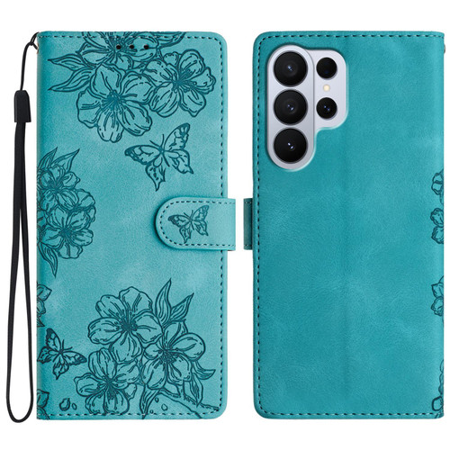 Samsung Galaxy S26 Ultra 5G Cherry Blossom Butterfly Skin Feel Embossed PU Phone Case - Green