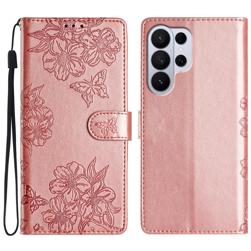 Samsung Galaxy S26 Ultra 5G Cherry Blossom Butterfly Skin Feel Embossed PU Phone Case - Rose Gold