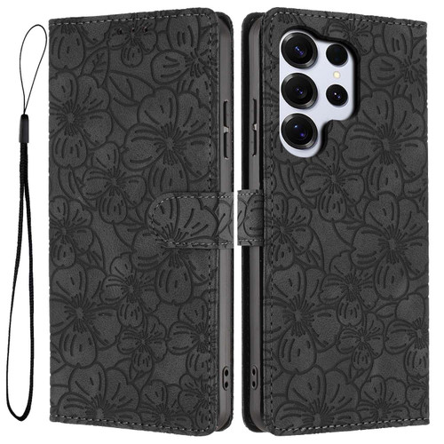 Samsung Galaxy S26 Ultra 5G Cherry Blossoms Embossed Leather Phone Case - Black