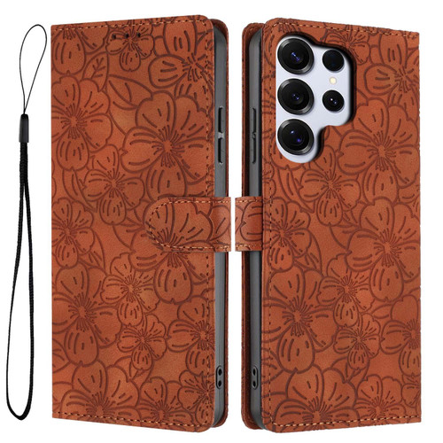 Samsung Galaxy S26 Ultra 5G Cherry Blossoms Embossed Leather Phone Case - Brown