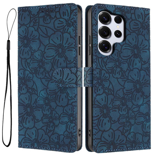 Samsung Galaxy S26 Ultra 5G Cherry Blossoms Embossed Leather Phone Case - Dark Blue