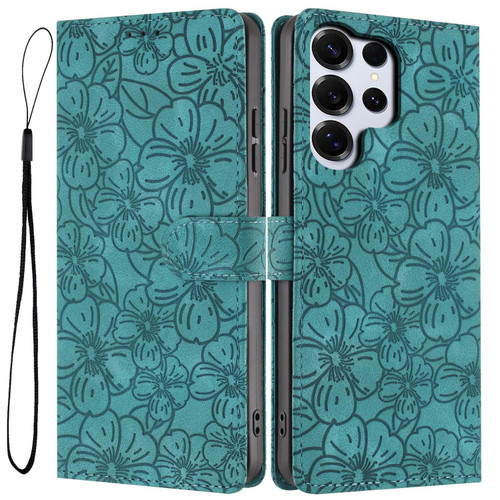 Samsung Galaxy S26 Ultra 5G Cherry Blossoms Embossed Leather Phone Case - Green