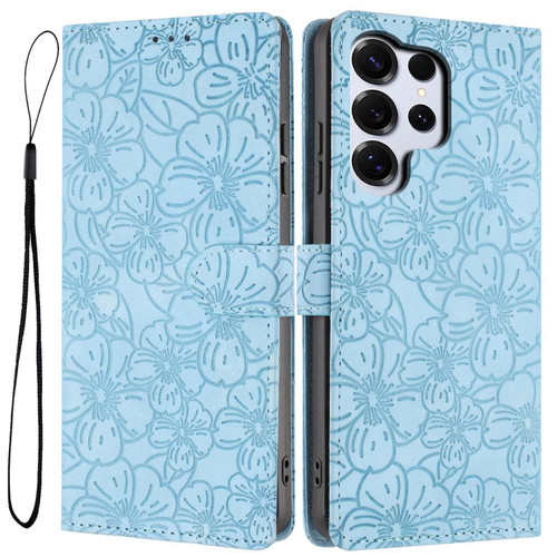 Samsung Galaxy S26 Ultra 5G Cherry Blossoms Embossed Leather Phone Case - Light Blue