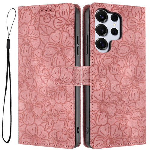 Samsung Galaxy S26 Ultra 5G Cherry Blossoms Embossed Leather Phone Case - Pink