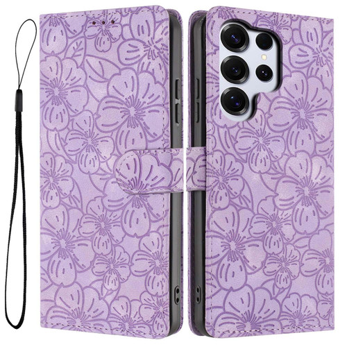 Samsung Galaxy S26 Ultra 5G Cherry Blossoms Embossed Leather Phone Case - Purple