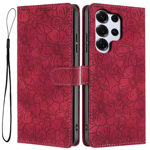 Samsung Galaxy S26 Ultra 5G Cherry Blossoms Embossed Leather Phone Case - Red