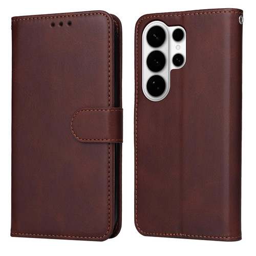 Samsung Galaxy S26 Ultra 5G Classic Calf Texture Flip Leather Phone Case - Brown