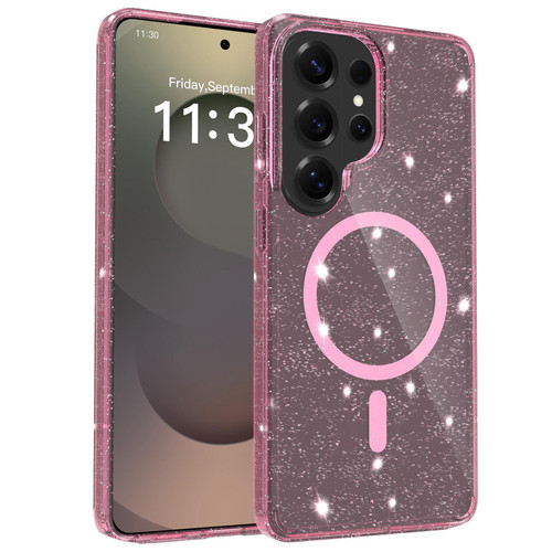 Samsung Galaxy S26 Ultra 5G Clear Glitter Magnetic PC Hybrid TPU Phone Case - Pink