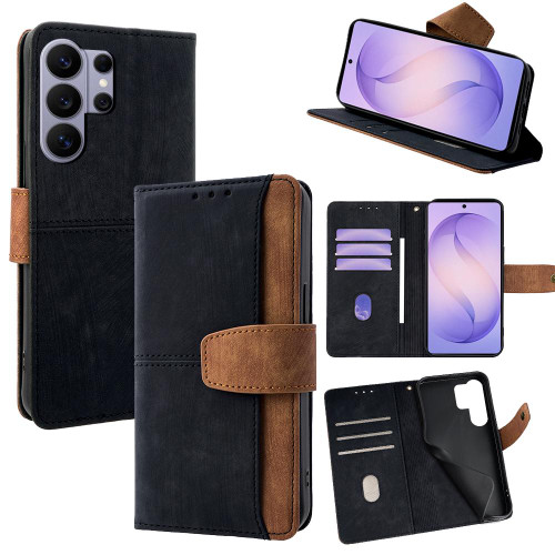 Samsung Galaxy S26 Ultra 5G Color Stitching Skin Feel Leather RFID Blocking Phone Case - Black
